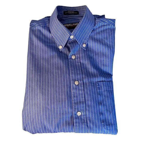 Kirkland Signature Shirt Mens 15.5 33 Blue & White Stripe Long Sleeve Button Up - Picture 3 of 4